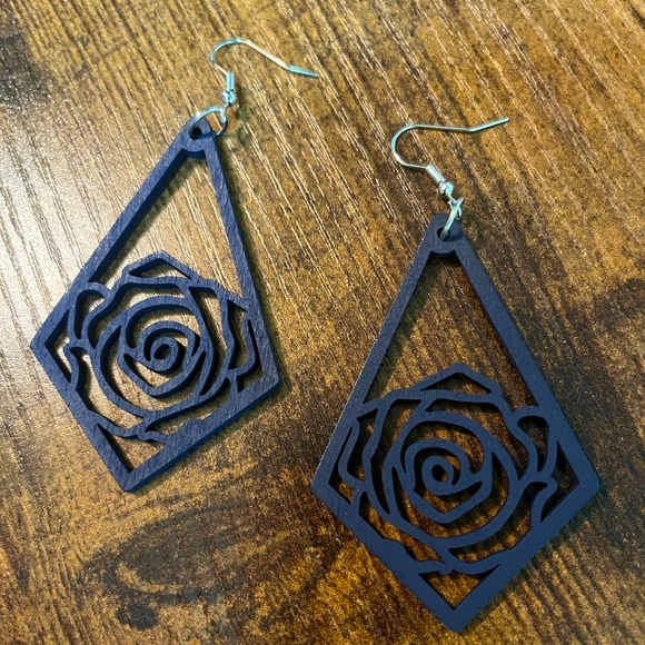Jewelry - Navy Blue Flower Vibrant Wooden Dangle Earrings